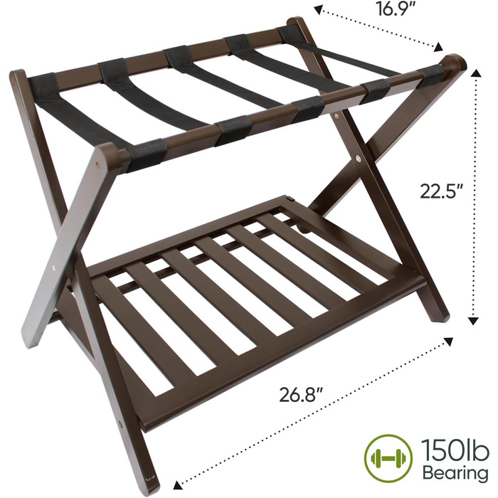 Fully assembled bamboo luggage rack with 5 straps, 2-tier foldable suitcase stand, wide wooden luggage holder, foldable luggage shelves, ideal for guest rooms, bedrooms, hotels, (1 pack of brown bamboo)