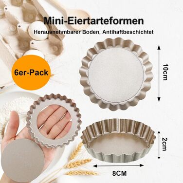 Форми для тартів Yamteck Tarteform 10см (6 шт.) з підйомною основою, золотисті. Антипригарне покриття з вуглецевої сталі для тартів, пирогів, фруктових тортів, різдвяного печива, сімейних обідів та свят. Набір 6 шт.