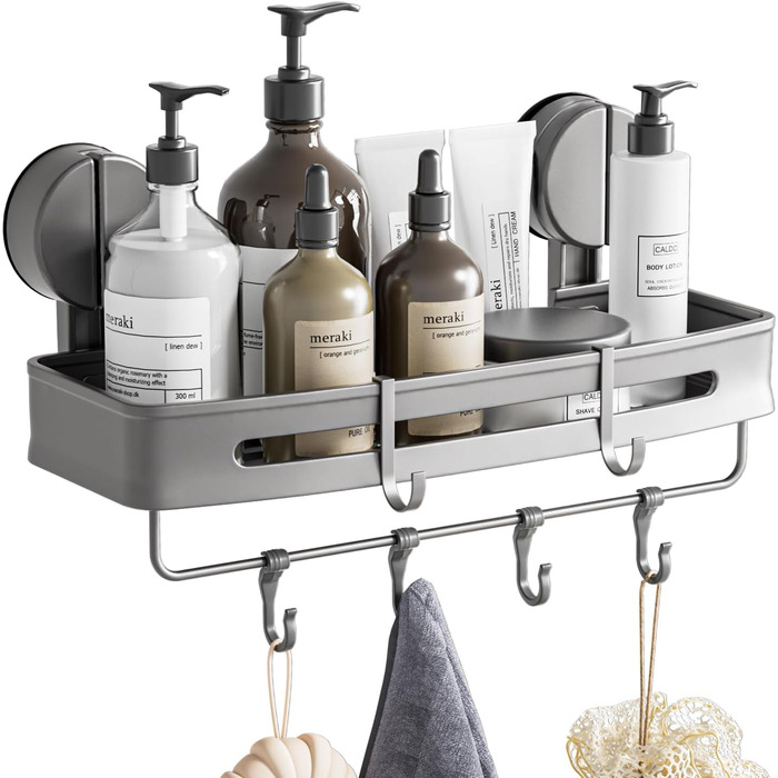 Поличка для душу на присоску без свердління, органайзер для ванної кімнати з алюмінію, сірого кольору, 20 кг, для ванної та кухні