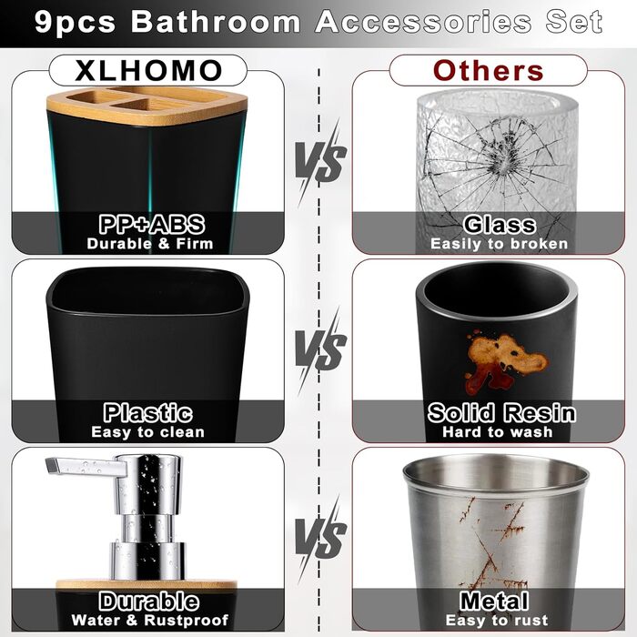 Набір аксесуарів для ванної кімнати, 9 предметів: сміттєвий бак, тримач для зубних щіток, стакан для зубних щіток, диспенсер для мила/лосьйону, тумбочка для ванної, мильниця, щітка для унітазу, контейнер для ватних паличок (Чорний, Комплект для ванної)