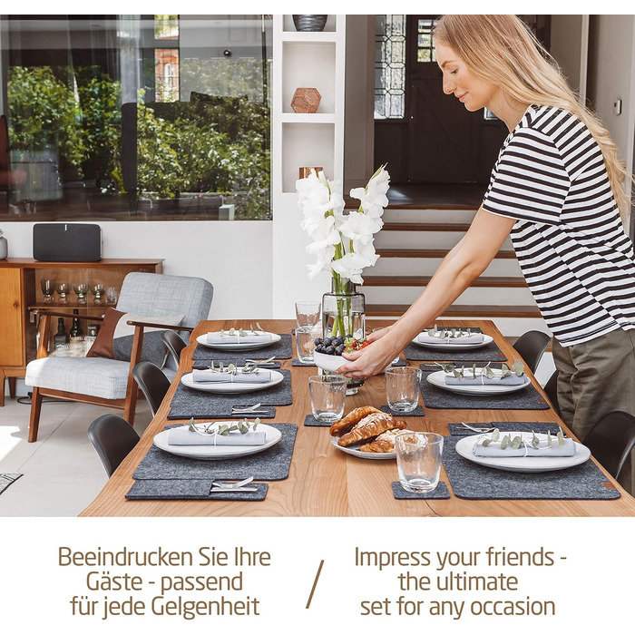 Felt Table Placemats - Set of 24 Table Coasters - Washable Felt Placemats - 8 Placemats, Glass Coasters, Cutlery Pouches | Dark Gray | Square Felt Coasters - Placemats for Christmas