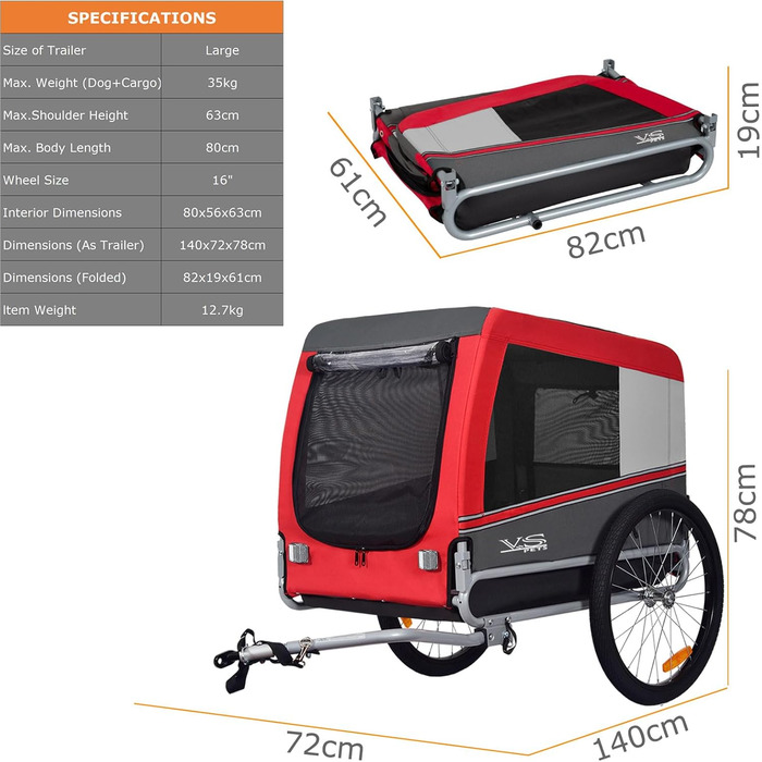 Причіп для собак Tiggo VS Pets L - великий, 270л, для собак до 35 кг, складаний, червоний