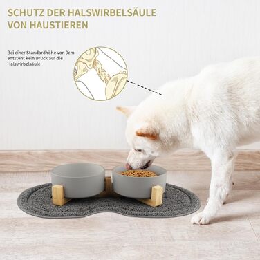 Миска для собак з кераміки, 400 мл, подвійна миска для корму, піднята миска для собак з бамбуковим підставкою та нековзним килимком для маленьких та середніх собак (сіра)