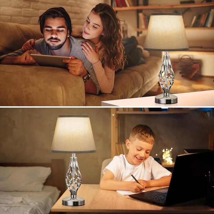 Настільна лампа Kakanuo 2 шт. з USB зарядкою, диммуванням та LED-лампочками, сірий абажур. Сучасний дизайн для спальні, вітальні, офісу.