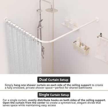 Штанга для душу L-подібної форми, регульована, з 12 кільцями та опорою для стелі, для ванни/ванної кімнати, білий, 60-130см x 60-130см