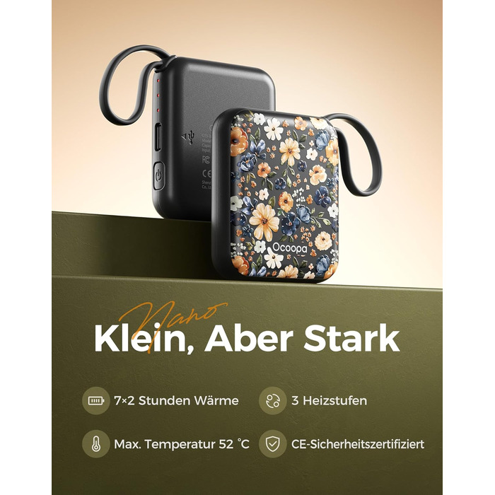 Електричні грілки для рук Ocoopa 2 шт. з акумулятором 4000mAh, USB, 3 режими нагріву до 52°C, для жінок, зимові подарунки, для катання на лижах, подорожей та активного відпочинку, UT5 Nano Wiesengeflüster (Ocoopa x Künstleredition)