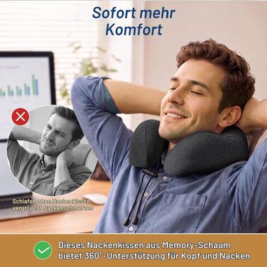Подушка для подорожей Kobete з ефектом пам'яті (Memory Foam) для шиї, набір для сну в літаку, авто та поїзді: з 3D-маскою, берушами та сумкою, чорна