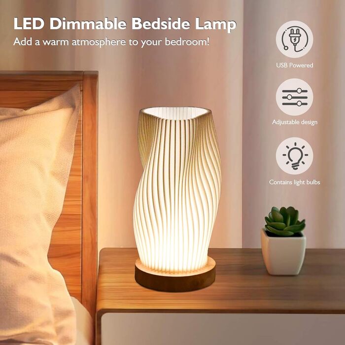 Нічна лампа Focenat з дерев'яним цоколем, 9-рівнів регулювання яскравості, мінімалістична лампа з абажуром з PLA, невелика лампа з кабелем, для спальні, вітальні