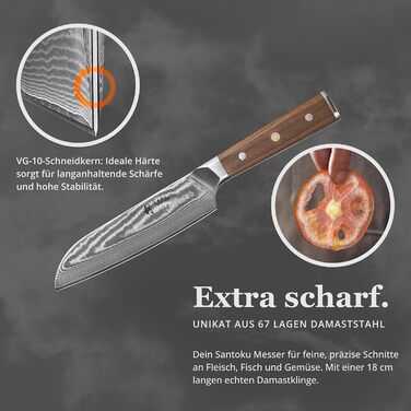 Ніж кухонний Wakoli Santoku Damast (18 см), сталь VG10, 67 шарів, рукоять з горіха, професійний, в подарунковій коробці