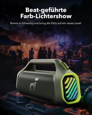 Soundcore Boom 2 Plus: Портативна Bluetooth Колонка, 140W, IPX7, RGB, Power Bank, USB-C, 20 годин, для кемпінгу (зелена)