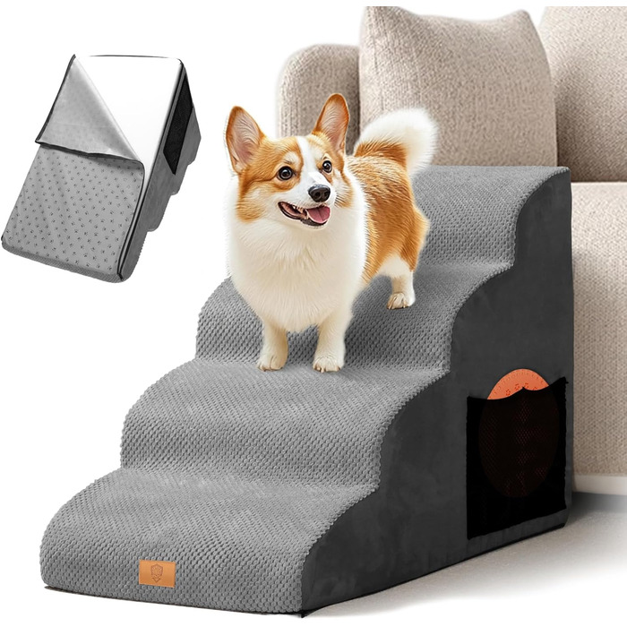 Сходинка для собак Masthome: 4 сходинки, губка, знімна та миюча оббивка, для ліжка/софи, антиковзка (сіра)