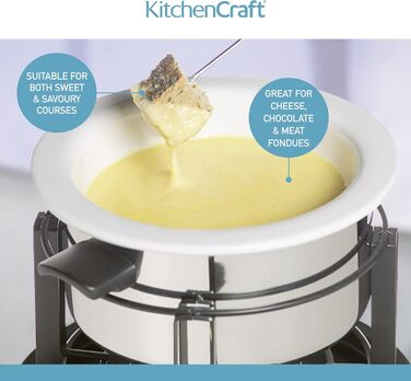 Набір для фондю KitchenCraft 3-в-1 з кольоровими виделками, для шоколадного, м’ясного та сирного фондю, сріблястий
