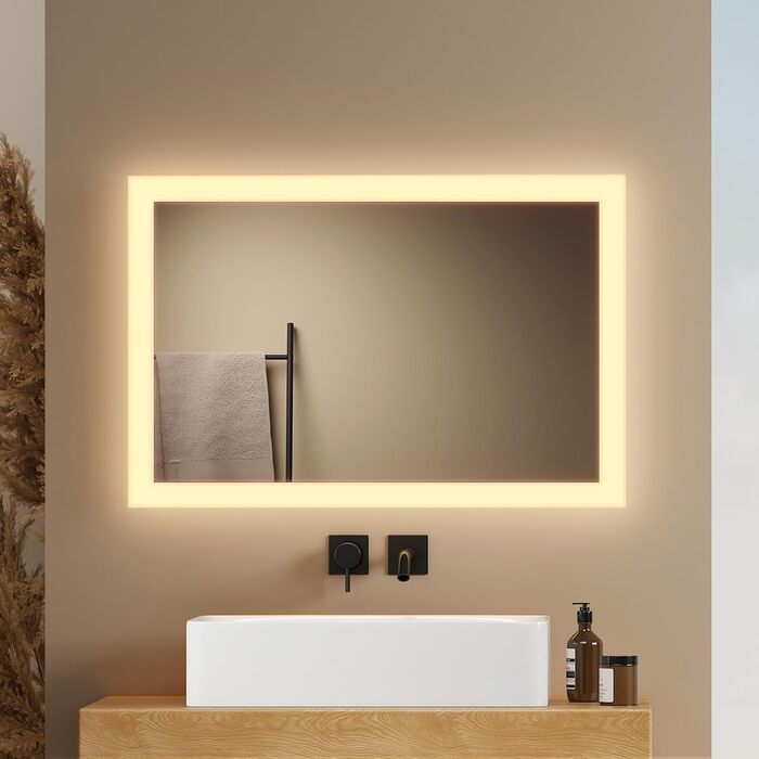 Дзеркало для ванної кімнати EMKE® з підсвічуванням 80x60 см, тепле біле світло 3000K, вимикач, вертикальна/горизонтальна установка, IP44, енергозберігаюче