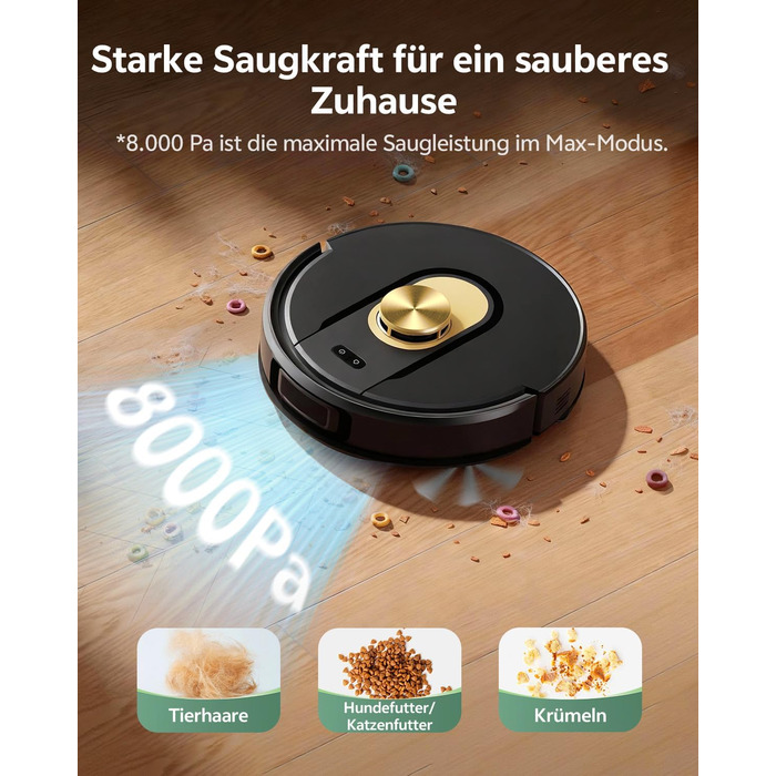 Робот-пилосос Vexilar з функцією миття підлоги, 8000Pa, LiDAR-навігація, 5 карт, 180 хвилин роботи, 50dB, керування через додаток та голосовий помічник, для твердих підлог та килимів