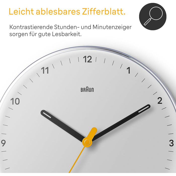 Braun Classic Analog Wall Clock with Silent Quartz Movement, Easy to Read, 23 cm Diameter in White, Model BC26W.