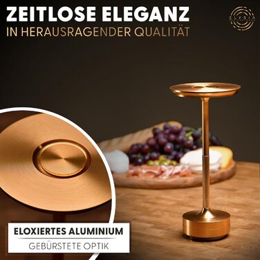 Настільна світлодіодна лампа ELYSIA з акумулятором, диммер, бездротова, сенсорна, IP54 (внутрішнє/зовнішнє), тепле світло (2200K-2700K-3200K), USB-C, алюміній, золота