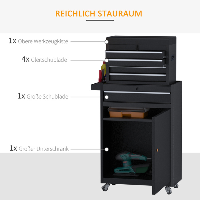 DURHAND Tool Trolley with 5 Drawers and 360° Wheels, Metal, 52.5x28x104.5cm, Mobile & Space-Saving for Workshop