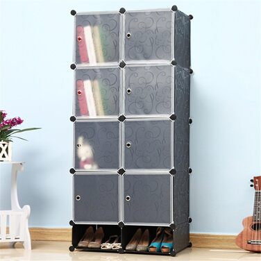 HENGMEI DIY Closet Wardrobe Storage Shelf System, Cube Organization System, Shoe Cabinet, Closet with Door (Black) (8 Boxes)