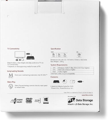 Зовнішній DVD-привід Hitachi-LG GP57, портативний Slim DVD-плеєр та записник для ноутбука та ПК, USB 2.0, сумісність з Windows та Mac OS, швидкість 8x, сріблястий