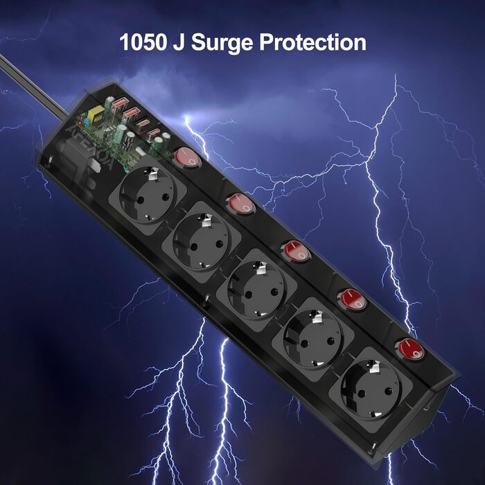 Многорозеткова смуга з 5 розетками та USB, біла, 3680W/16A, з USB-C та USB-A, швидка зарядка, захист від перенапруги, дитячий замок, для дому та офісу