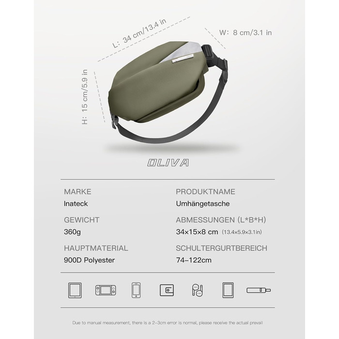 Сумка на плече Inateck, оливковий колір, водонепроникна, для чоловіків та жінок