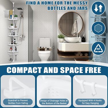 Телескопічна поличка для душу, регульована висота 100-310 см, 5 полиць з 4 гачками та тримачем для рушників, кутова поличка для ванної кімнати без свердління