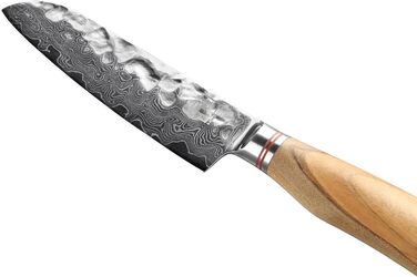 Японський ніж Santoku Zayiko Minami Premium з 12 см лезом з дамаської сталі 67 шарів, ручка з оливкового дерева, дерев'яна коробка. Кухонний ніж для професіоналів та дому без гравіювання