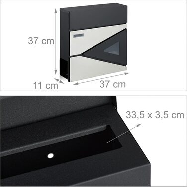 Поштова скринька Relaxdays HBT 37x37x11 см, сталь, чорний/срібний, з оглядовим вікном та замком