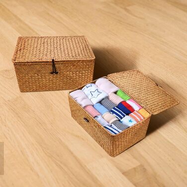 Woven Rattan Storage Basket, Storage Box with Lid, Seagrass, Laundry Baskets, Makeup Organizer for Bathroom, Living Room, Kitchen