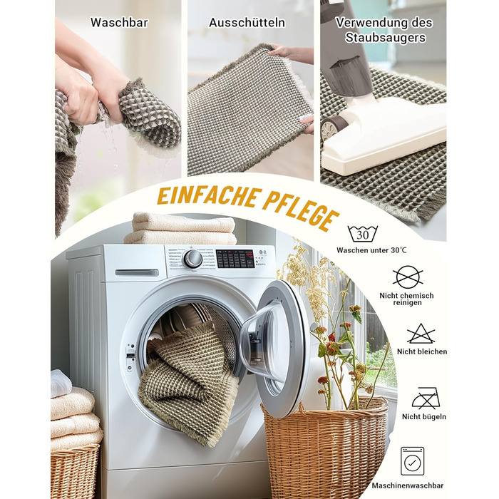 Boho Bathroom Rug Set - Non-Slip Bath Mats 2-Piece Set - Washable Shower Rugs for Bathroom, Bedroom, Living Room - 51x120cm + 41x61cm (Green & White)