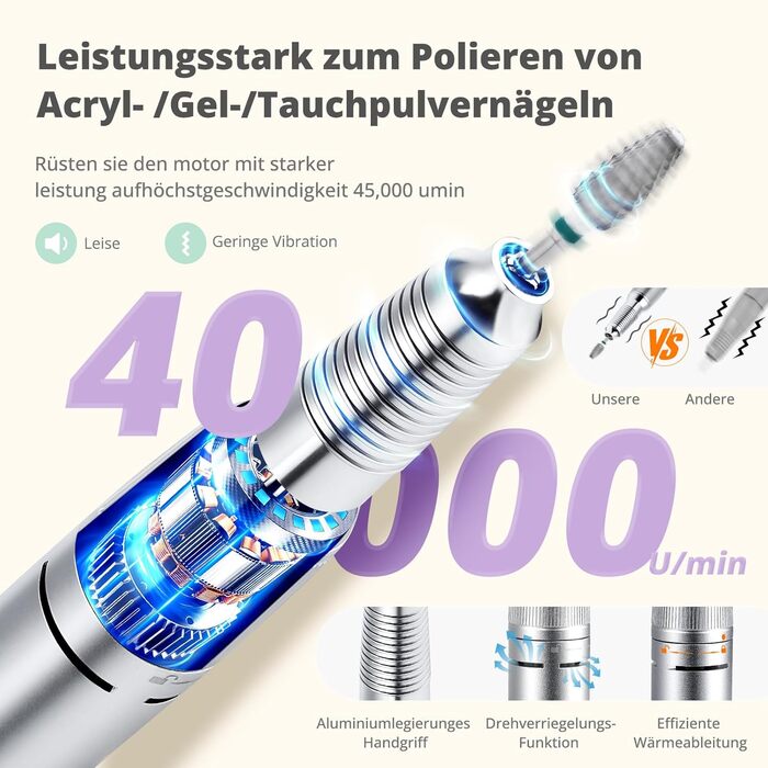 Електричний фрезер для нігтів з педаллю, 45000 об/хв, 45 режимів, LCD дисплей, F/R, для гелю та акрилу