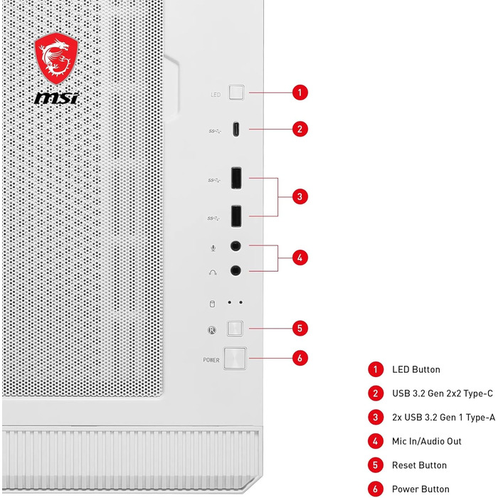 Корпус ПК MSI MPG Velox 100R White Mid-Tower для E-ATX, з загартованим склом, Airflow, Mystic Light, 2x 360mm кулер