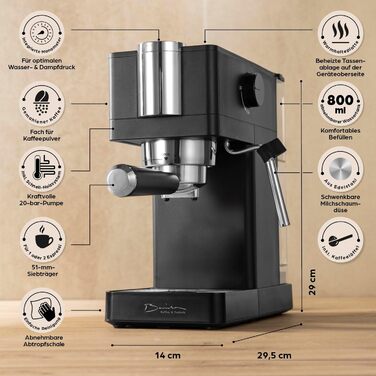 Еспресо-машина Barista Siebträger Slim: нержавіюча сталь, 20-барна помпу, термоблок, об'єм 800 мл, підігрів чашок