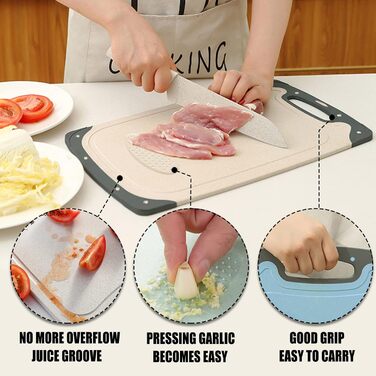 Cutting Board Set of 3, Plastic Cutting Board with Juice Grooves & Garlic Press Groove, Non-Slip Kitchen Board, Antibacterial Breakfast Board Cutting Boards for Fruit/Vegetables/Meat