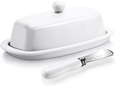 Ceramic Butter Dose with Lid and Knife for Countertop Refrigerator, 20.3 cm, White Butter Holder with Porcelain Lid Knob, Handle for East-West Butter Sticks