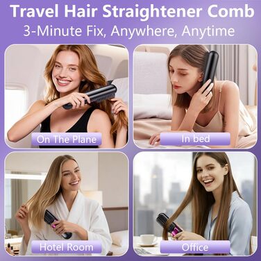 Бездротова випрямляюча щітка LOPHE з LED-дисплеєм, 3 температурні режими, для волосся та бороди, білий (чорно-фіолетовий)