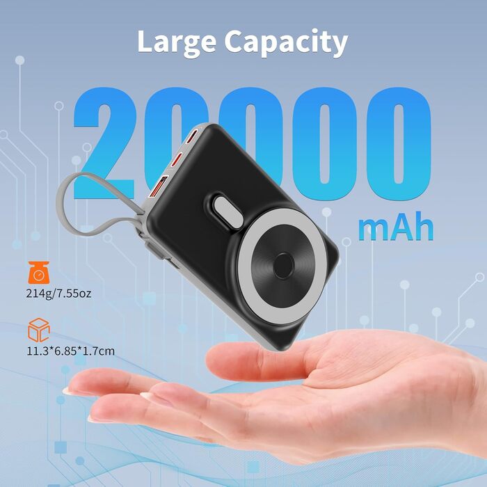 Powerbank MagSafe 20000mAh з PD 20W, USB-A, магнітним з'єднанням, інтегрованими кабелями, бездротовою зарядкою 15W, цифровим дисплеєм, сірий колір