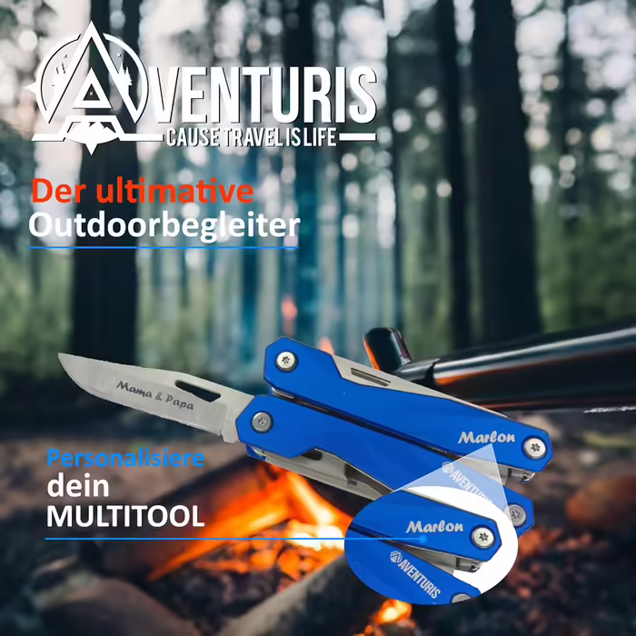 AVENTURIS® Multitool. Great multifunctional tool as bicycle accessory or outdoor gear, a multitool tool as men's gifts or Leatherman multitool green (Personalized, Blue)