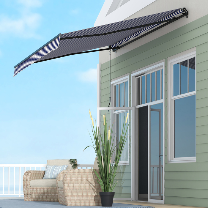 Markiza Outsunny з шарнірною рукояткою, розміром 350 x 300 см, сонцезахисна з SPF 30+, терасна/балкона маркіза з кутом нахилу 45-85°, водонепроникне покриття, кріплення до стіни, блакитно-біла | Aosom