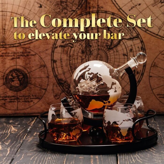 Whisky Decanter Globe for Alcohol - Whiskey Decanter Bar Set with Glasses, Wooden Stand, and World Map - Gifts for Men and Women - Glass Bottle Accessories for Gin, Rum, Scotch, Liqueur, Bourbon, Vodka