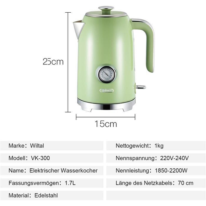 Набір чайник та тостер Retro Green, 1.7L, 2200W, нержавіюча сталь, з регулюванням температури