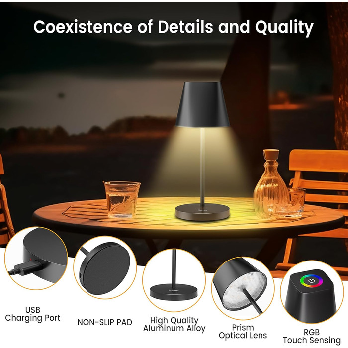 LED настільна лампа Quntis бездротова, торцева, з регулюванням яскравості, акумуляторна, USB, 3000K-5000K, IP44, для дому та вулиці, чорна (2, 3 колірні температури + RGB)
