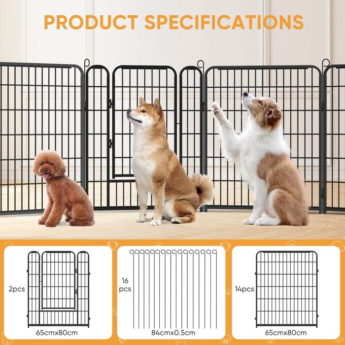 Вольєр для цуценят, ігровий майданчик, вольєр для цуценят з дверцятами та засувом, огорожа для тварин, загородження для собак, вольєр для кроликів, металеві з'єднання, 65 x 80 см (8 секцій)