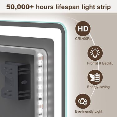 Дзеркало для ванної кімнати зі підсвічуванням STARLEAD 100x70 см з Bluetooth, антизапотівання, регулювання яскравості, 3 кольори світла, пам'ять, IP44, LED, горизонтальне/вертикальне, HD скло, Madrid Silver (M3015)