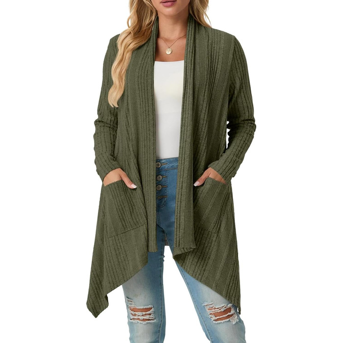 Жакет GRECERELLE з довгими рукавами, легкий в'язаний кардиган з кишенями, м'який, з асиметричним кроєм (M, хакі)