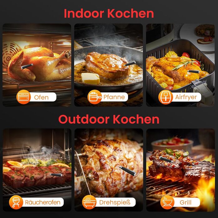 Бездротовий термометр для м'яса з двома датчиками, цифровий термометр для приготування страв з підключенням через додаток, Bluetooth, 150м, для гриля, кухні, барбекю, духовки, коптильні, ротатерії, фритюрниці, подарунок, чорний