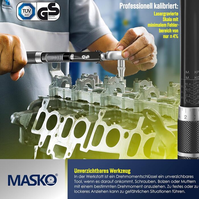 Набір динамометричних ключів MASKO 6 шт, 40-210 Нм, 1/2'' з насадками 17/19/21 мм, подовжувачем 125 мм, рукавицями, кейсом, для авто, чорний