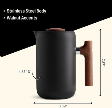 Fellow Clara Insulated French Press – Portable Stainless Steel Coffee Press, Insulated Hand Press, Matte Black with Walnut, 680g Carafe