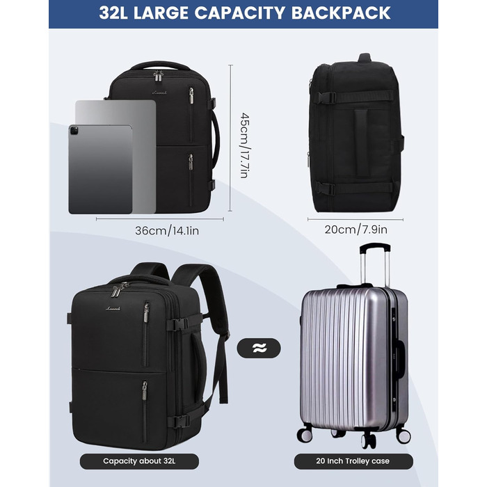 LOVEVOOK Рюкзак для подорожей, ручна поклажа, 40x30x20 см, 24л, для ноутбука 14/15.6 дюймів, чорний