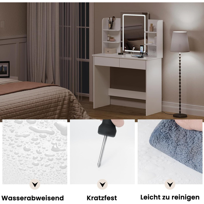 Туалетний столик WOLTU з LED-підсвіткою, регульованою яскравістю, 2 USB-портами, дзеркалом, 2 шухлядами та 4 відкритими полицями, білий, для макіяжу і спальні, модель MB6112ws з гірляндою
